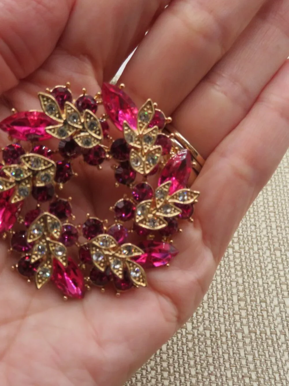 Pink Clear Floral Gold Tone Brooch